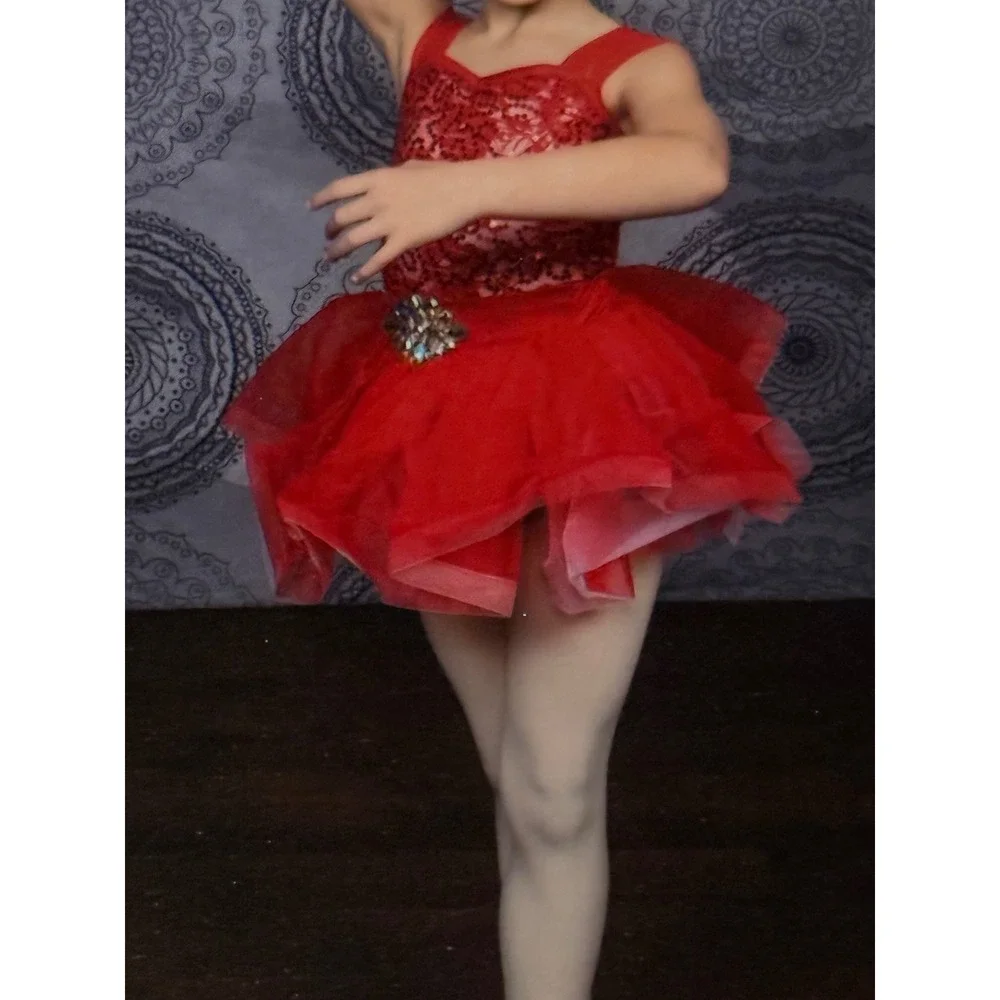 Sparkly Red Weissman Dance Costume + Feather & Tulle Skirts + Bow‎ Hair Piece 💃